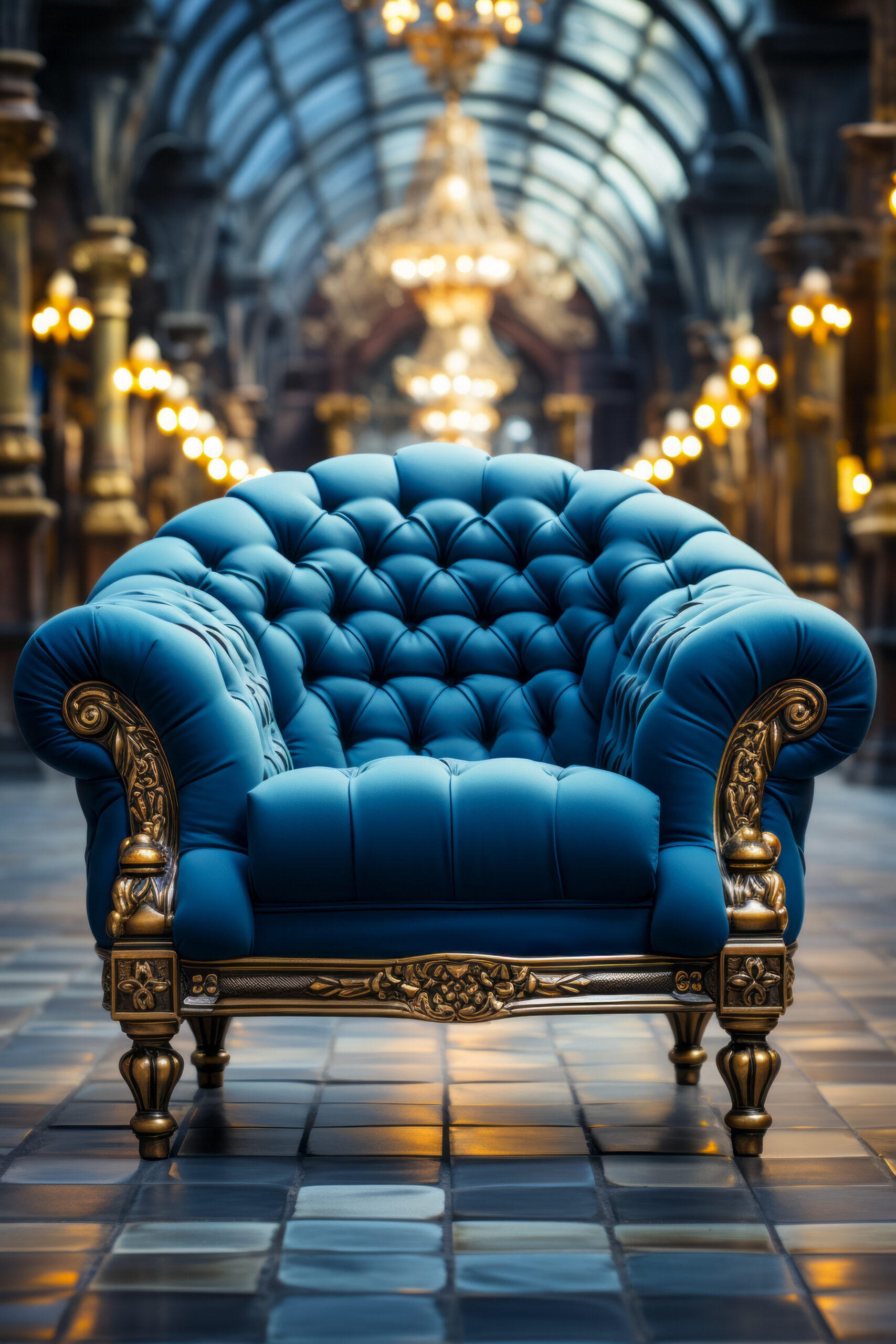 Blue couch sitting on top of tiled floor next to chandelier. A metaphor of trust explained as a four-legged chair.